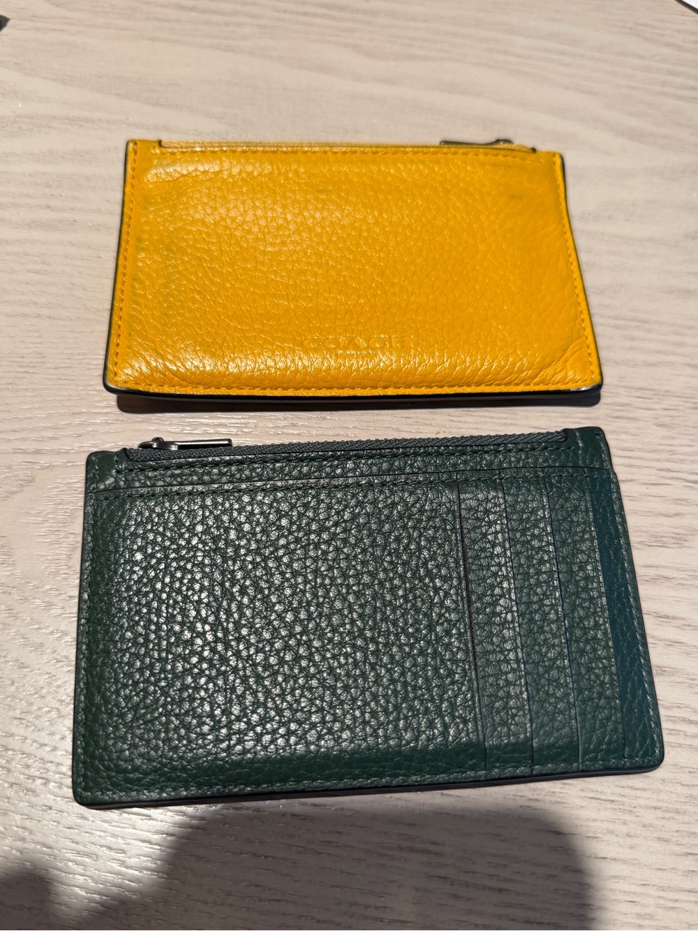Coach Yellow and Dark Green Leather Cardholders - Zip Top & Card Slot (2 wallets